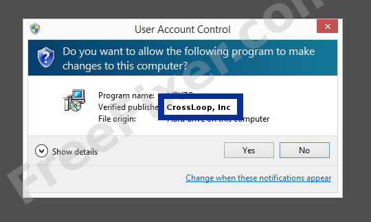 Screenshot where CrossLoop, Inc appears as the verified publisher in the UAC dialog